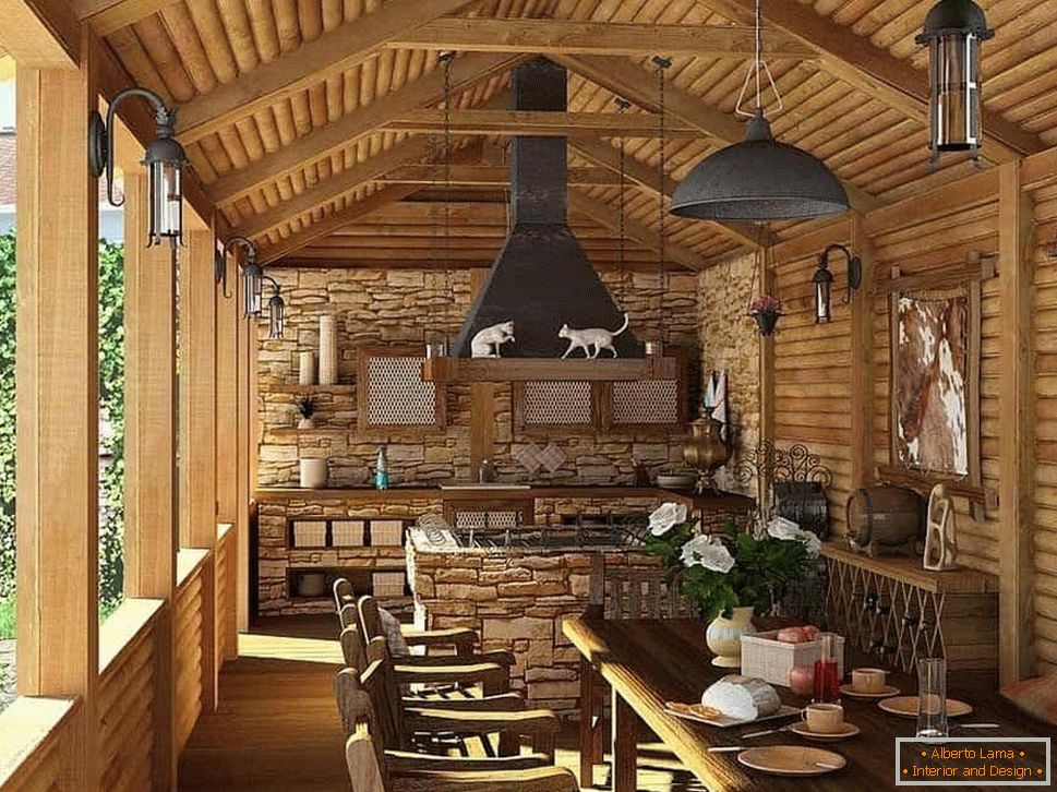 terrasse avec cuisine d'été dans un style campagnard