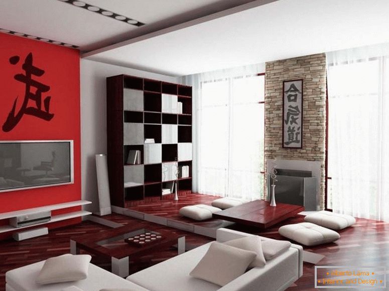 Salon spacieux aux couleurs rouge et blanc
