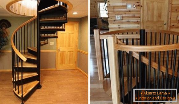 Escalier en colimaçon métallique au deuxième étage - photo avec marches en bois