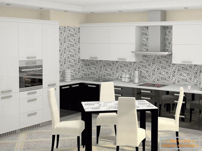 Un ensemble de cuisine blanc noir dans un style high-tech avec des appareils intégrés s'intègre naturellement dans le concept global d'une idée de design. 