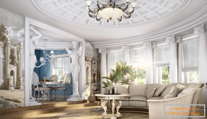Un salon spacieux de style néoclassique avec des meubles bien choisis. Classiques discrets dans la performance moderne.