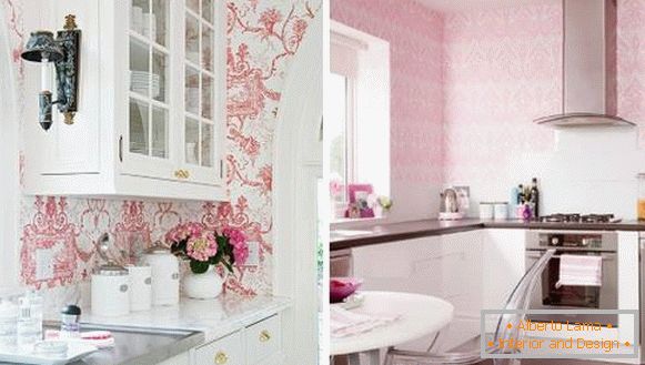 Cuisine rose avec papier peint sur les murs