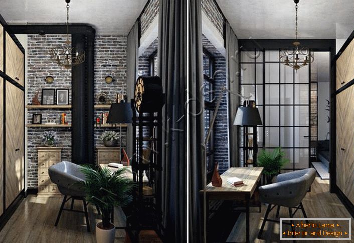 Solution élégante pour le bureau. Le style loft est une décoration intérieure intéressante. Les meubles modernes semblent rentables sur fond de finition rugueuse de briques grises. 