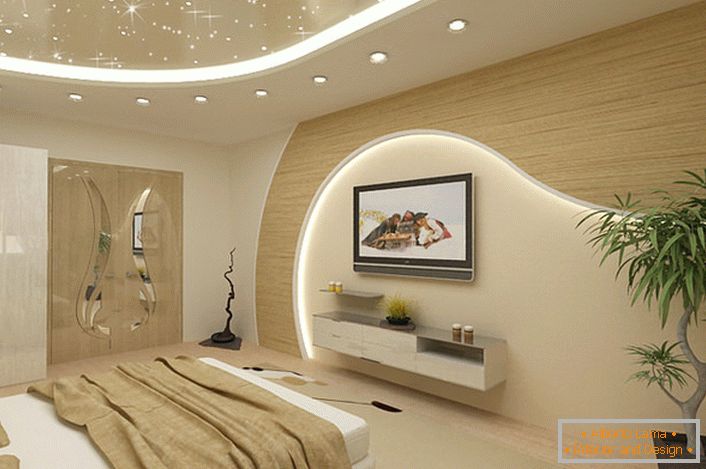 Le matin et l'après-midi, léger, cosy, présentable .., le soir envoûtant, romantique. Matériaux modernes, style moderne. Le plafond tendu est réalisé à l'aide d'une perforation 3D.