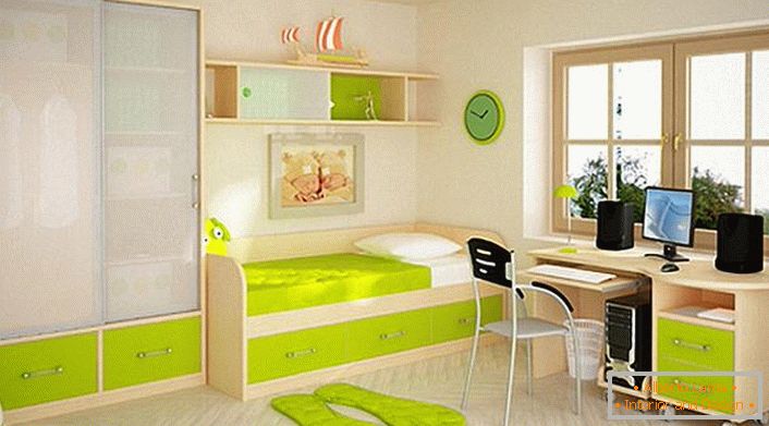 Chambre d'enfant dans un style high-tech. Conformément au style de mobilier est équipé d'un grand nombre de tiroirs et d'étagères. Une solution pratique pour tout enfant. 