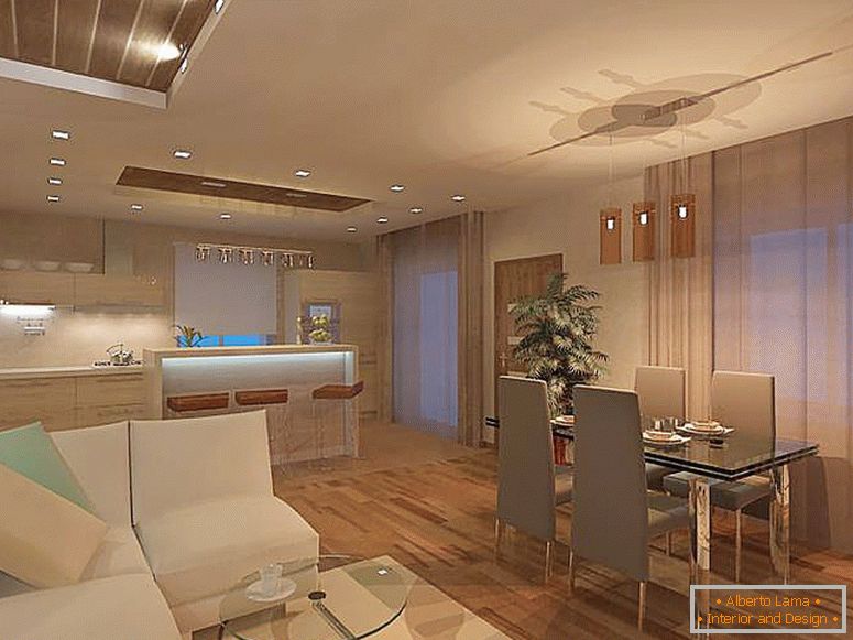 Le salon minimaliste est combiné avec la cuisine. Pour le style minimaliste, l'utilisation de lustres de plafond n'est pas typique, la meilleure option est l'éclairage à DEL.