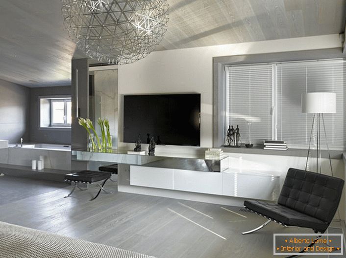Un trait caractéristique du style minimaliste est l'utilisation d'un matériau unicolore pour la tapisserie d'ameublement de meubles et d'éléments en métal chromé.