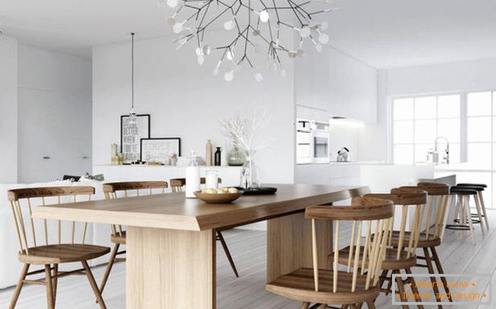 Une salle à manger élégante dans le style du minimalisme scandinave.