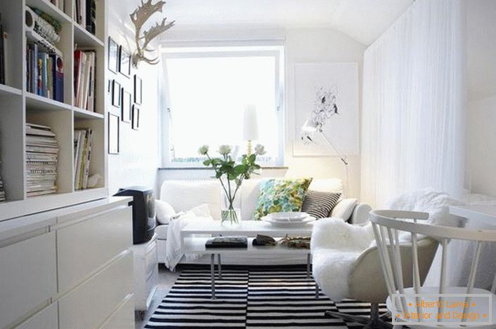 La combinaison classique de noir et blanc semble rentable à l'intérieur dans le style scandinave. Le mobilier blanc rend le salon lumineux et confortable.