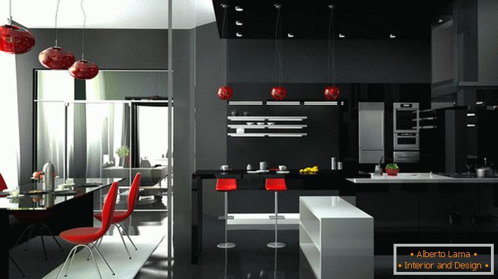 Studio élégant avec un mobilier original de haute technologie. La couleur rouge regarde toujours sur le fond noir et blanc de l'intérieur.