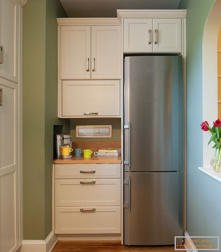 un grand réfrigérateur intégré dans les meubles.