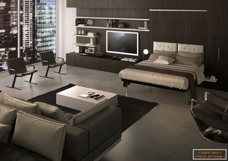 Chambre de style moderne avec un lit surélevé