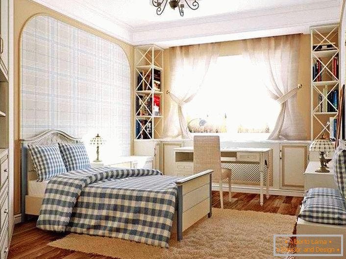 Une chambre spacieuse et lumineuse dans le style champêtre d'une maison située en banlieue.