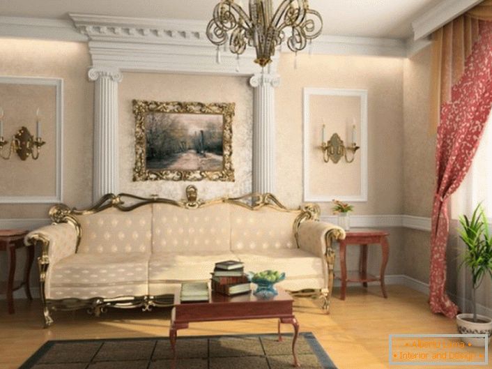 Conformément aux exigences du style français, la chambre est décorée avec des moulures en stuc.
