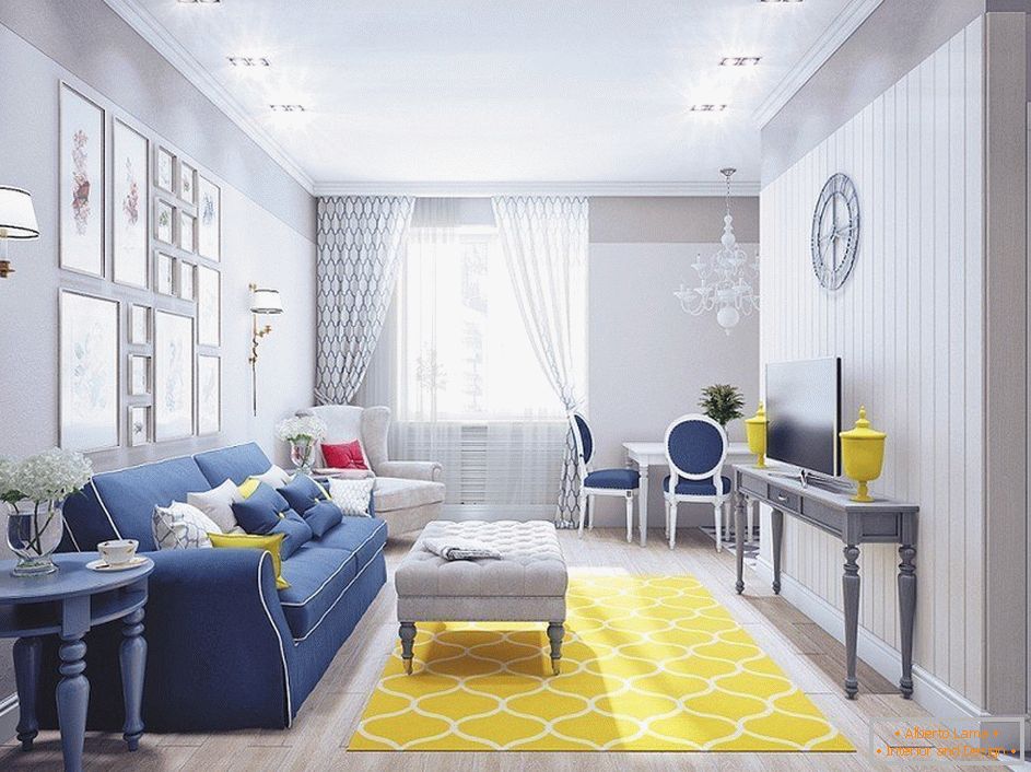 Salon gris avec tapis jaune
