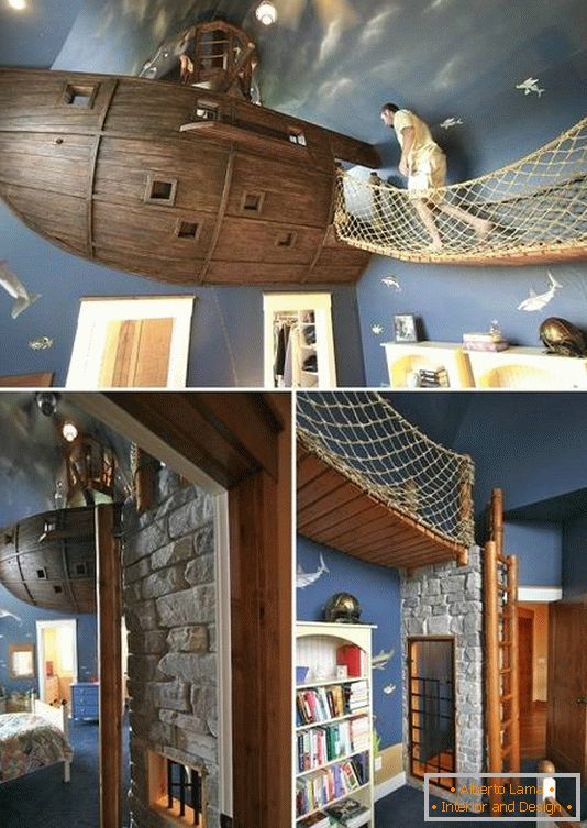 Chambre d'enfant avec un bateau au plafond