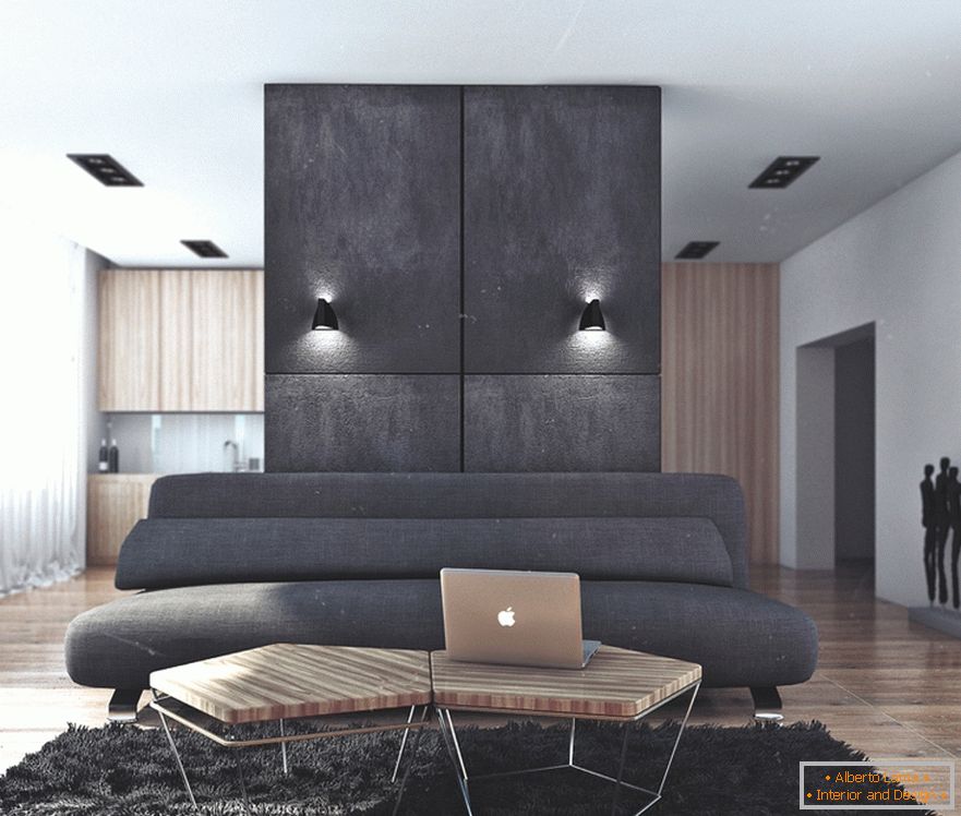La combinaison du noir et du bois dans le salon dans un appartement pour un célibataire en Russie