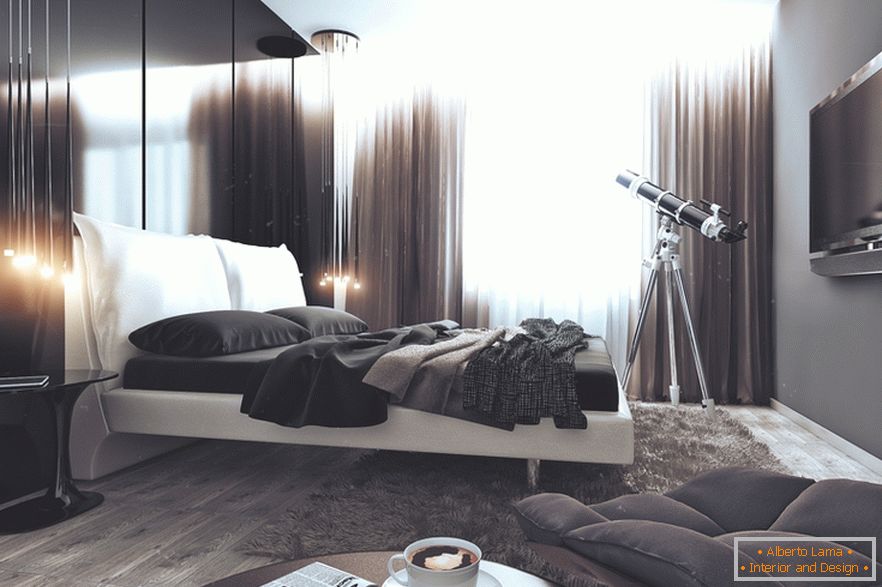 Chambre en noir et blanc dans un appartement pour un célibataire en Russie