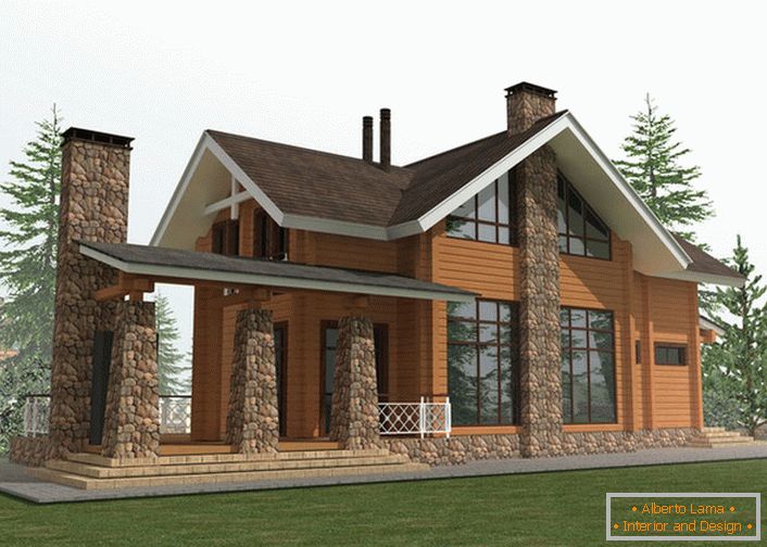 Le projet de conception d'une maison de campagne dans le style d'un chalet est basé sur l'utilisation pour la construction d'un cadre en bois et de pierre naturelle.