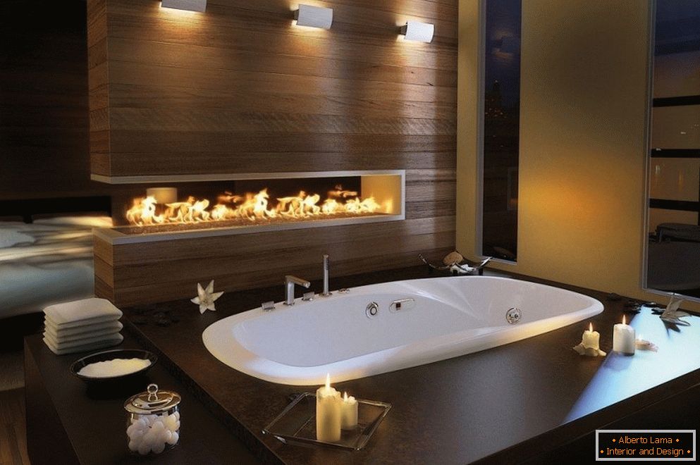 Design moderne d'une salle de bain avec cheminée