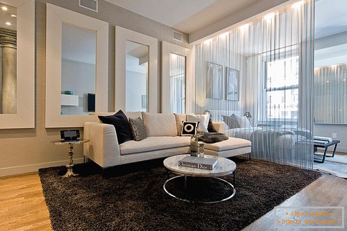 Un excellent exemple de zonage Appartement d'une pièce. Avec l'utilisation d'un rideau transparent, l'aire de repos est clôturée.