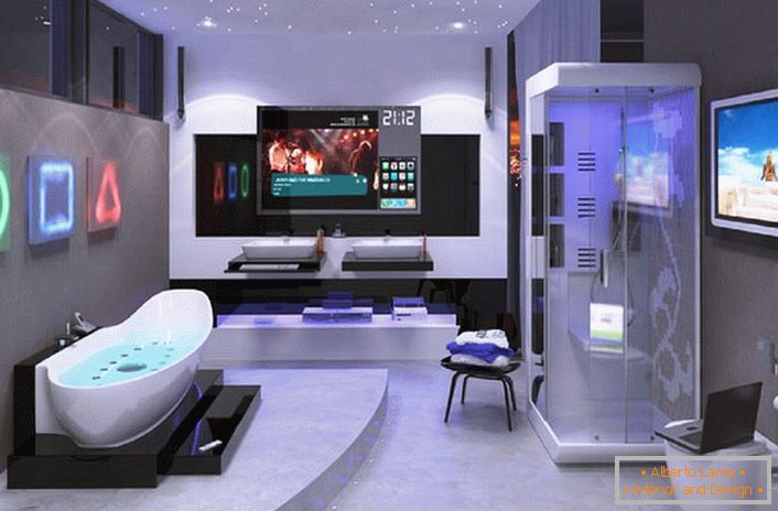 La salle de bain dans un style high-tech est conçue selon un projet préconçu par un célèbre designer de Moscou. 