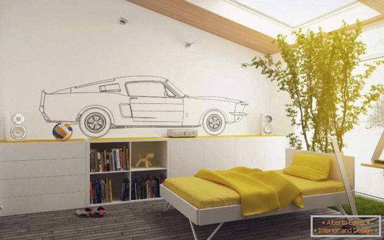 jolie-jaune-et-blanc-enfants-chambre à coucher-décor-avec-grande-cool-plantes-décoration-twin-lit-et-bois-armoires-bibliothèque-sur-brun-bois-plancher-plus-grand-clair- verre-toit-de-toit-bien-comme-bureau-design-la