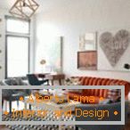Canapé orange et fauteuils gris