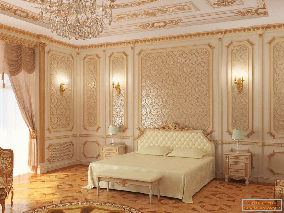 Murs blancs de plafond et de chambre à coucher avec motifs dorés