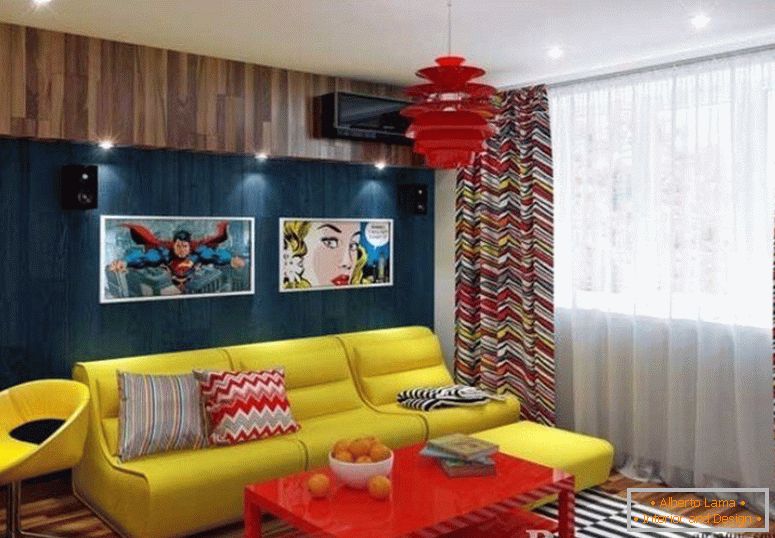 La combinaison de meubles jaunes et rouges dans la chambre