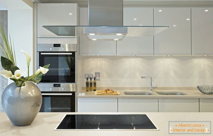 Des surfaces brillantes peuvent être utilisées pour décorer la cuisine dans le style Art Nouveau. Le projet de design est une combinaison audacieuse intéressante de gris et de blanc, qui n'est pas propre au style moderne.