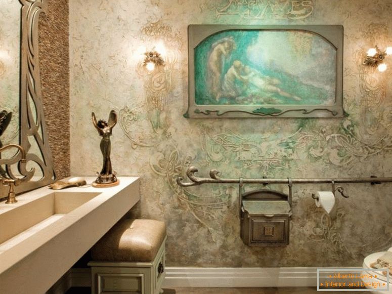 magnifique-art-déco-salle de bain-idées-avec-crème-texture-mur-peinture-comme-salle de bain-rois-et-crème-bois-rectangle-table-y compris-lavabo-et-or-inox-robinet-dans évier-aussi-impressionnant-design d'intérieur
