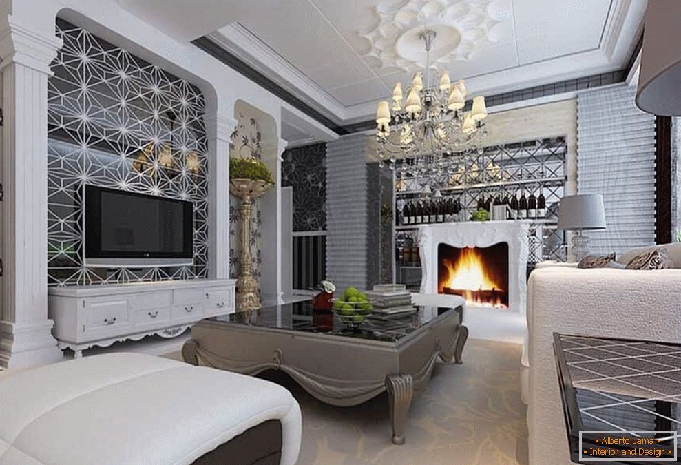 Salon avec cheminée, grand lustre dans le style du classique moderne