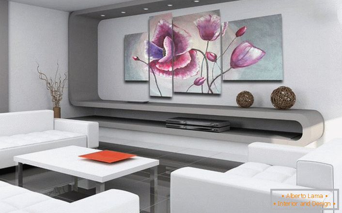 Un bon exemple de design d'intérieur dans un style high-tech avec l'utilisation de peintures modulaires. 