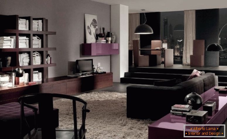 salon-image-fascinante-de-moderne-violet-marron-et-noir-salon-décoration-en utilisant-grand-dôme-noir-salon-pendentif-lampe-ombre-y compris-noir-velours- salon-canapé-et-carré-blanc-i