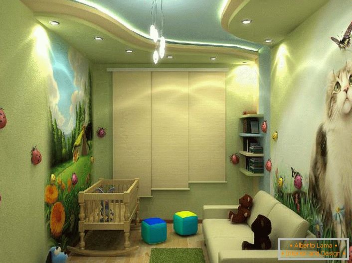 Design lumineux d'une chambre d'enfants avec des dessins colorés comme un garçon et une fille. 