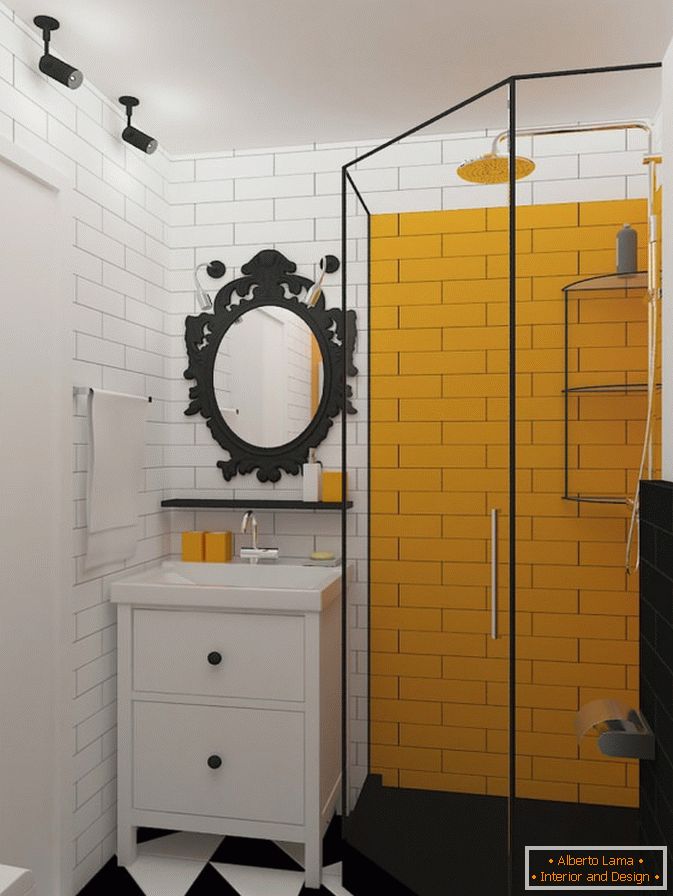 Accents jaunes dans une salle de bain noire et blanche
