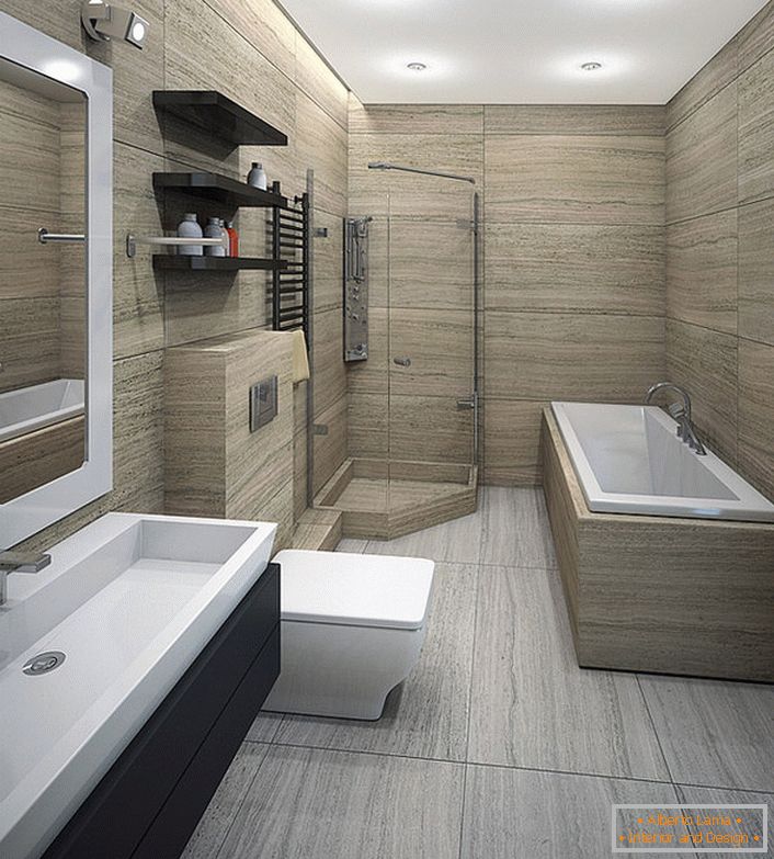 Une salle de bain spacieuse et minimaliste est idéale pour les amoureux de la douche et pour ceux qui préfèrent la baignade.