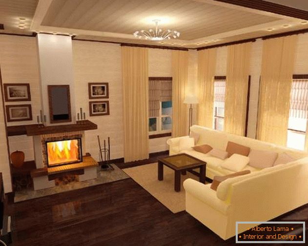 Conception d'un salon avec une cheminée à l'intérieur d'une maison de campagne