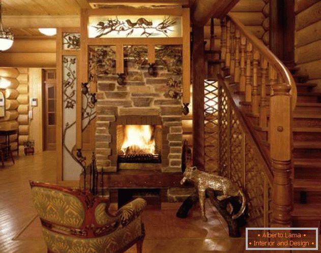 Conception d'une maison en bois avec cheminée - intérieur photo