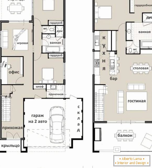 Variantes de deuxième étage dans une maison privée - un projet avec une cuisine salon et une chambre