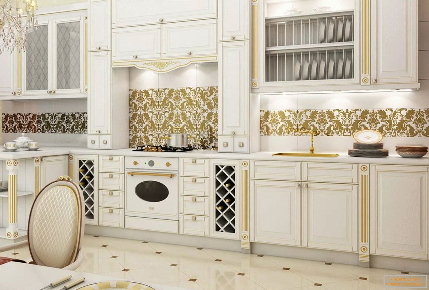 Blanc et or à l'intérieur et design de la cuisine
