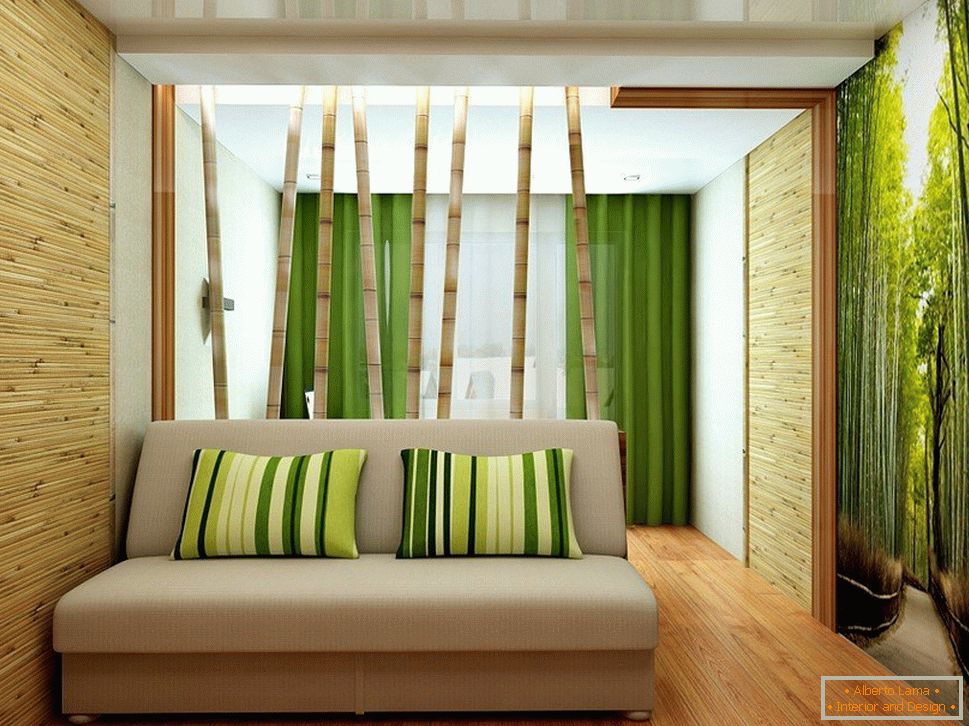 Des troncs de bambou derrière le canapé