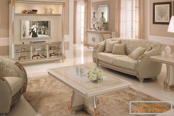 Design classique du salon avec des meubles blancs - photo