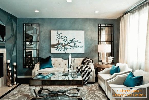 Salon design chic avec des meubles blancs - photo bleu