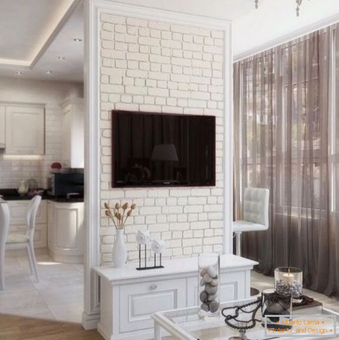 Mur de briques blanches dans la cuisine, фото 19