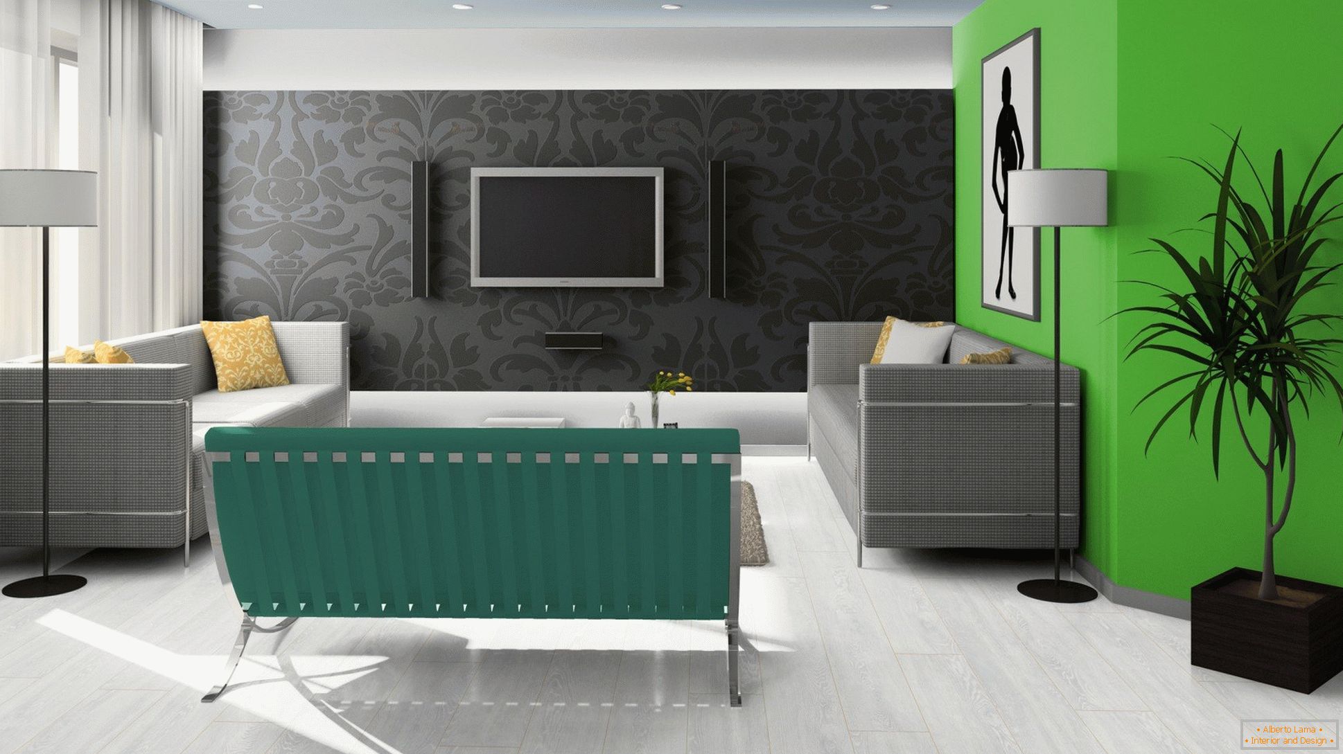 Noir, vert et blanc dans le design du salon