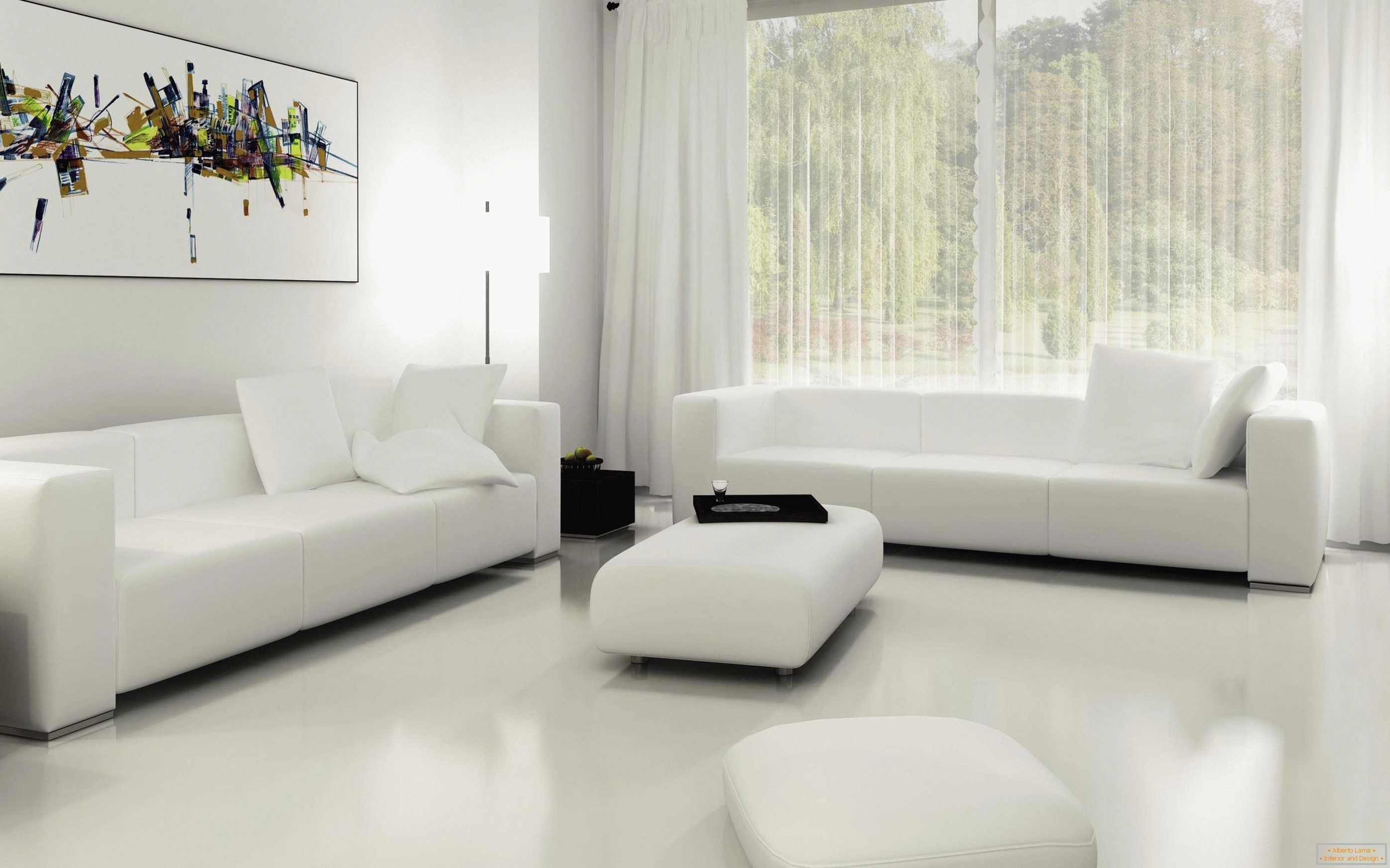 Salon blanc avec une fenêtre dans le sol