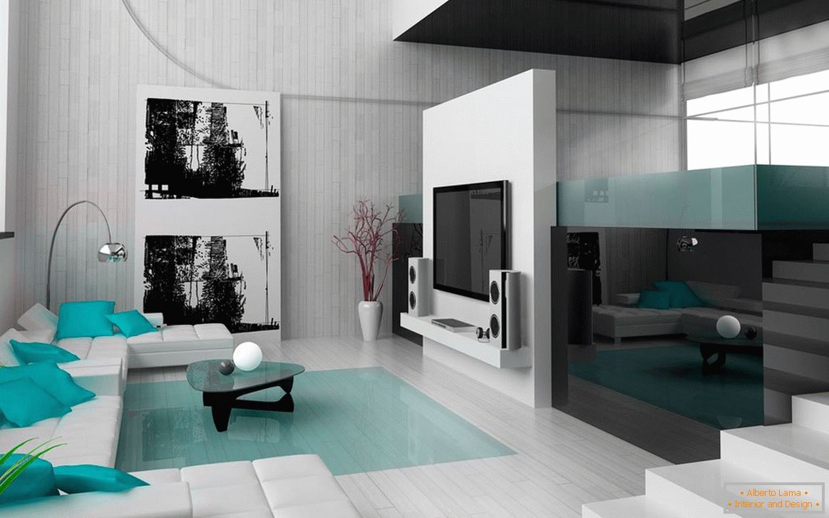 Salon en couleurs noir et blanc avec des éléments intérieurs turquoises