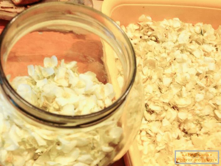 Pour la préparation du sirop de jasmin, nous ne collectons que les pétales blancs et, sans les laisser sécher, additionner les couches en versant le sucre.